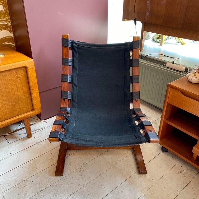 Vintage Kengu lounge chair voor Rybo Rykken zwart leer 1970s | Sprinkelhop