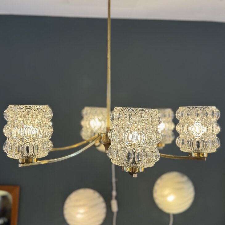 Vintage messing kroonluchter met glazen bubbel kapjes | Sprinkelhop