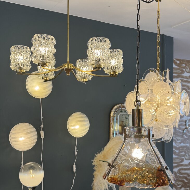 Vintage messing kroonluchter met glazen bubbel kapjes | Sprinkelhop