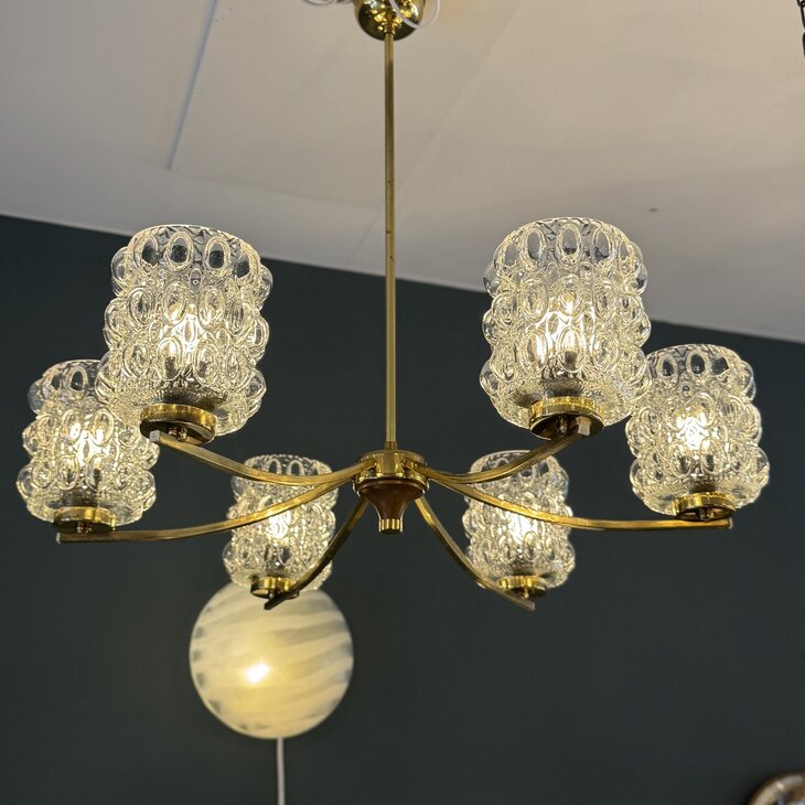 Vintage messing kroonluchter met glazen bubbel kapjes | Sprinkelhop