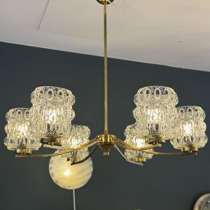 Vintage messing kroonluchter met glazen bubbel kapjes | Sprinkelhop