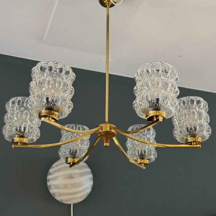 Vintage messing kroonluchter met glazen bubbel kapjes | Sprinkelhop