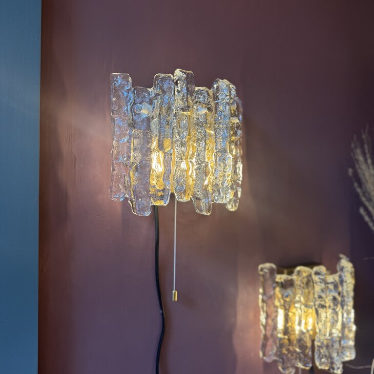 Vintage JT Kalmar frosted ice glass messing wandlamp | Sprinkelhop