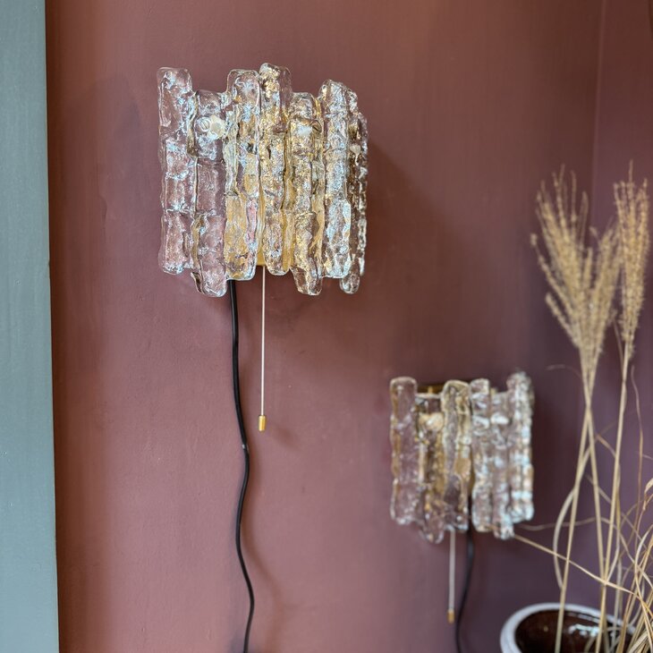 Vintage JT Kalmar frosted ice glass messing wandlamp | Sprinkelhop