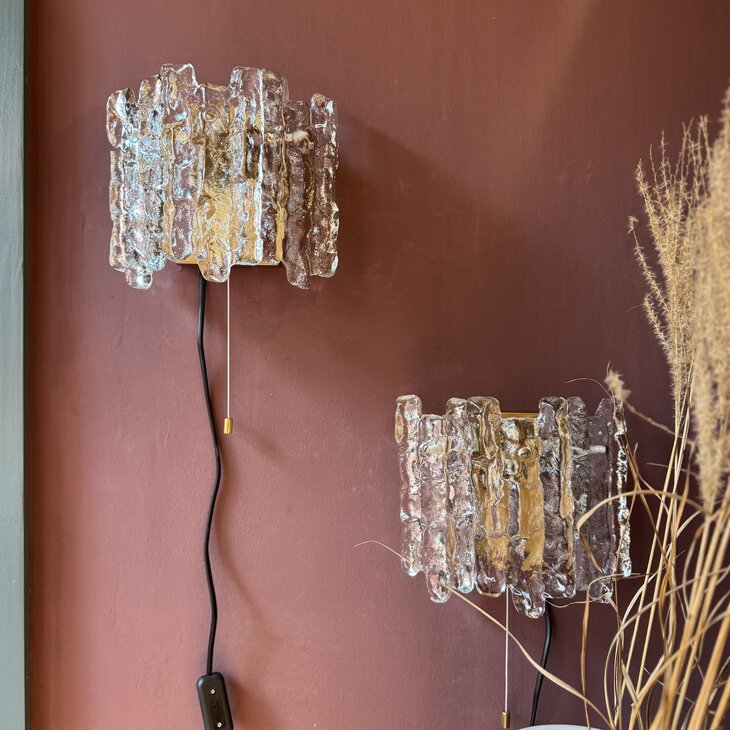 Vintage JT Kalmar frosted ice glass messing wandlamp | Sprinkelhop