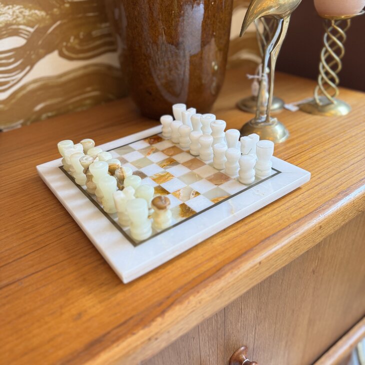 Vintage klein marmeren schaakspel wit onyx | Sprinkelhop