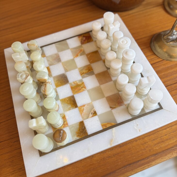 Vintage klein marmeren schaakspel wit onyx | Sprinkelhop