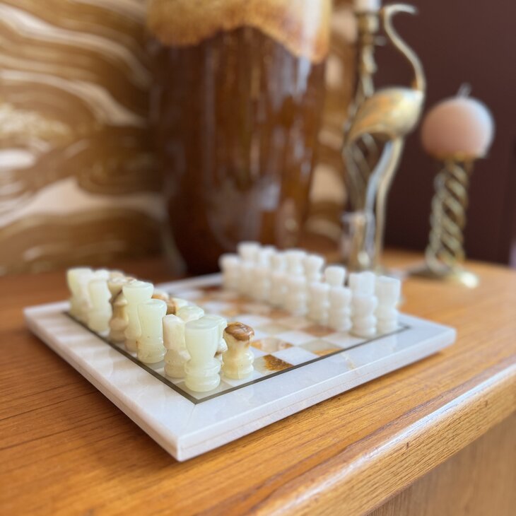 Vintage klein marmeren schaakspel wit onyx | Sprinkelhop