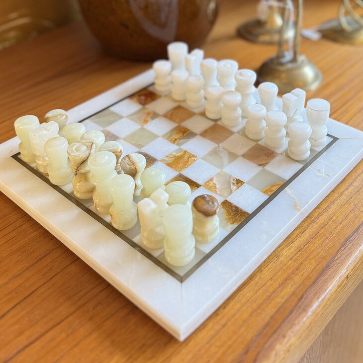 Vintage klein marmeren schaakspel wit onyx | Sprinkelhop