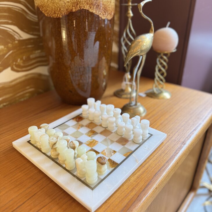Vintage klein marmeren schaakspel wit onyx | Sprinkelhop