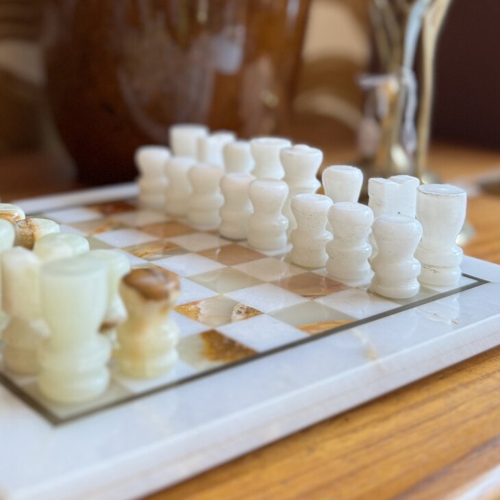 Vintage klein marmeren schaakspel wit onyx | Sprinkelhop