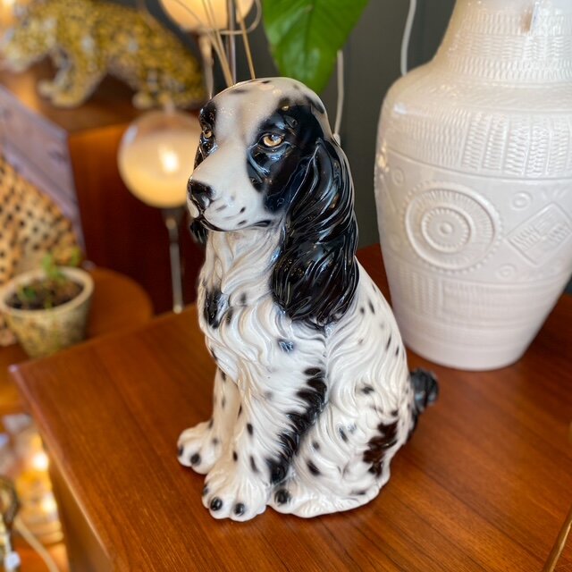 Vintage keramieken hondenbeeld Spaniel zwart wit | Sprinkelhop