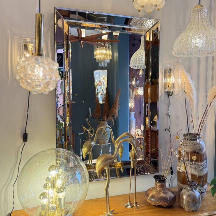 Vintage rechthoekige goudkleurige rookglazen spiegel facet geslepen | Sprinkelhop