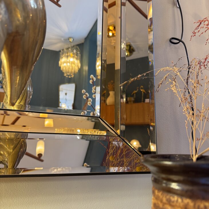 Vintage rechthoekige goudkleurige rookglazen spiegel facet geslepen | Sprinkelhop