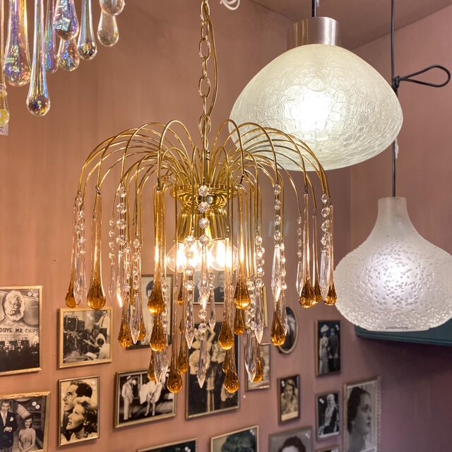 Vintage Italiaanse teardrop kroonluchter Murano glas roze transparant | Sprinkelhop