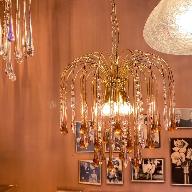 Vintage Italiaanse teardrop kroonluchter Murano glas roze transparant | Sprinkelhop