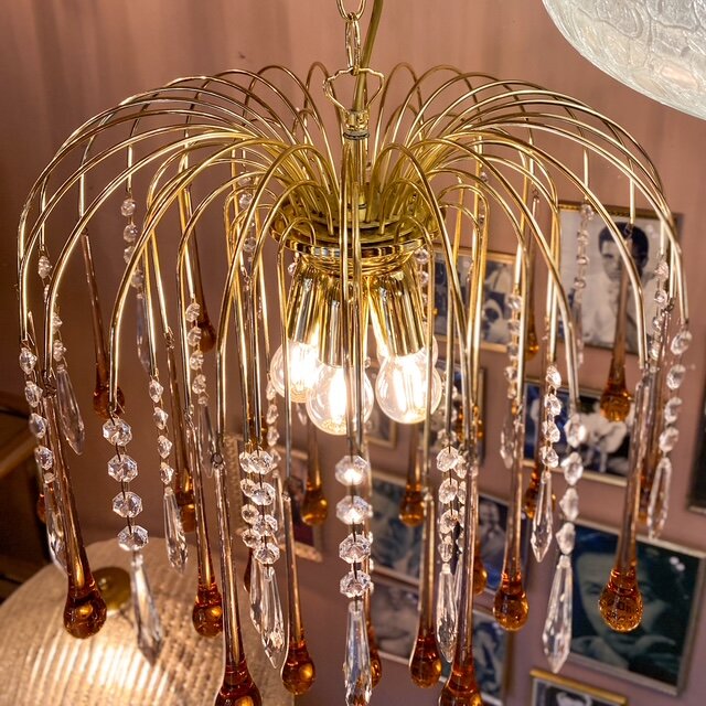 Vintage Italiaanse teardrop kroonluchter Murano glas roze transparant | Sprinkelhop