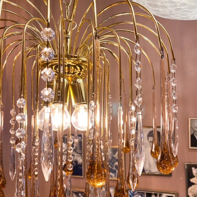 Vintage Italiaanse teardrop kroonluchter Murano glas roze transparant | Sprinkelhop