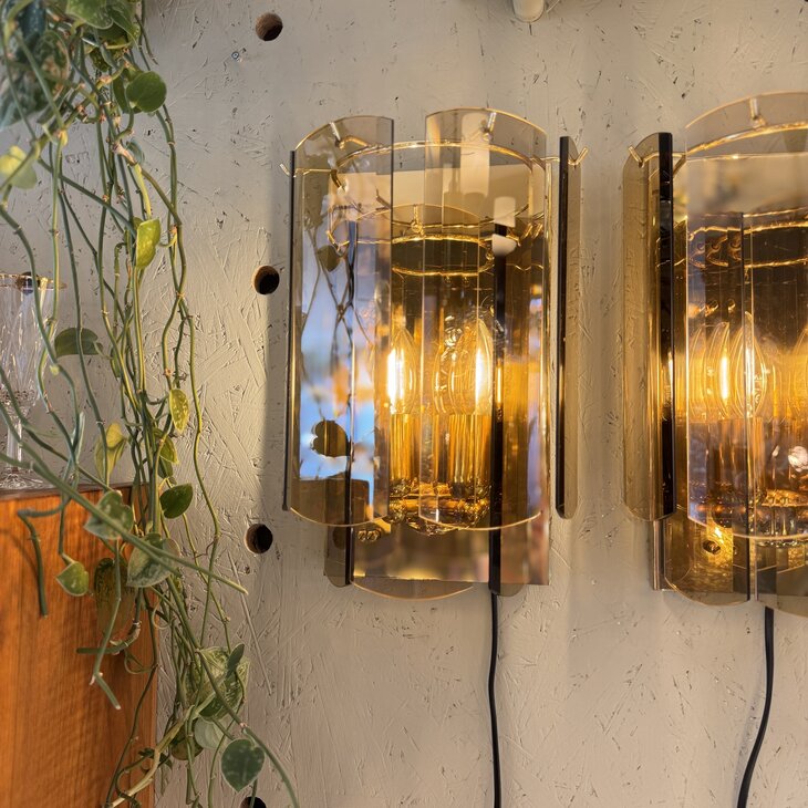 Vintage messing wandlamp met rookglazen platen | Sprinkelhop