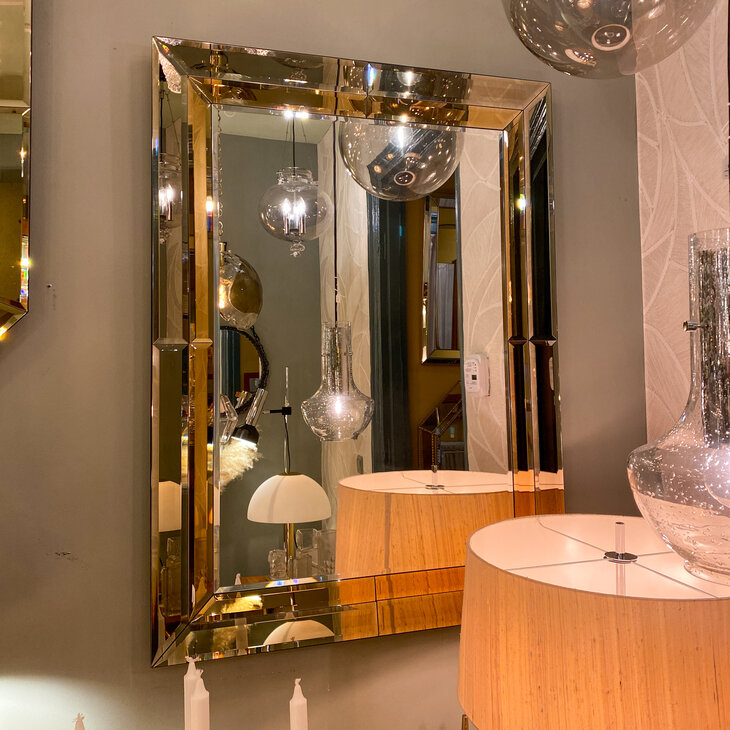 Vintage rechthoekige goudkleurige rookglazen spiegel facet geslepen medium| Sprinkelhop