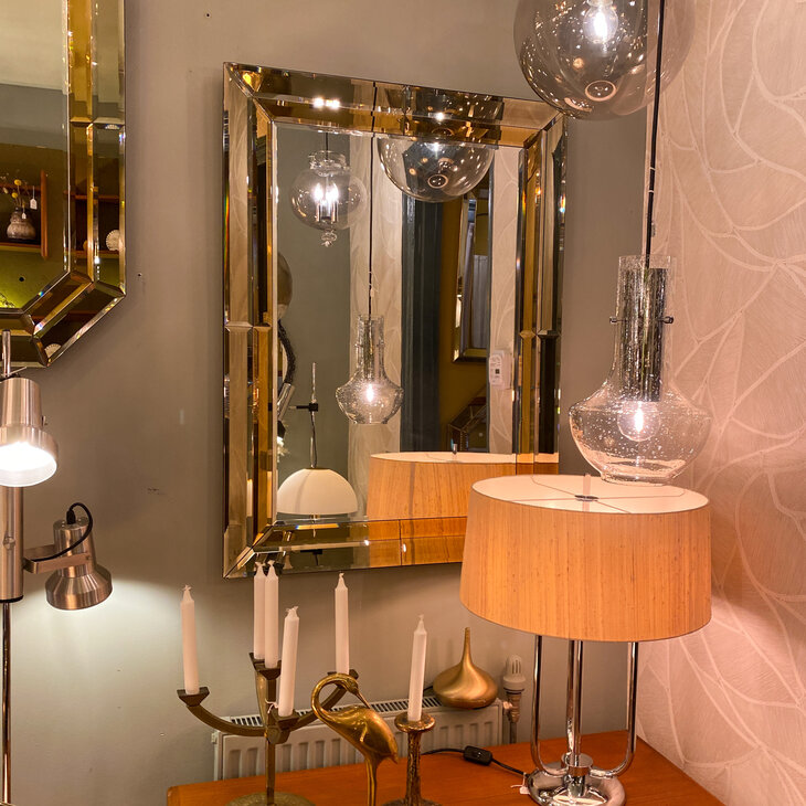 Vintage rechthoekige goudkleurige rookglazen spiegel facet geslepen medium| Sprinkelhop