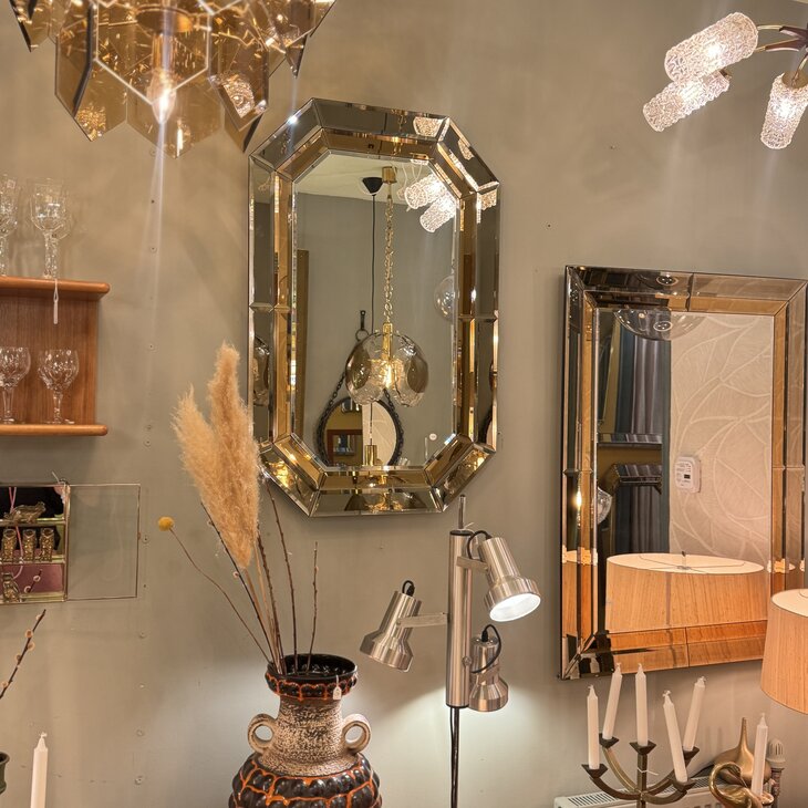 Vintage rechthoekige goudkleurige rookglazen spiegel facet geslepen octagon| Sprinkelhop