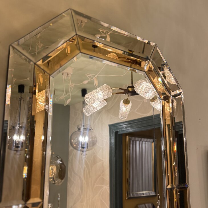 Vintage rechthoekige goudkleurige rookglazen spiegel facet geslepen octagon| Sprinkelhop