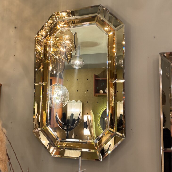 Vintage rechthoekige goudkleurige rookglazen spiegel facet geslepen octagon| Sprinkelhop