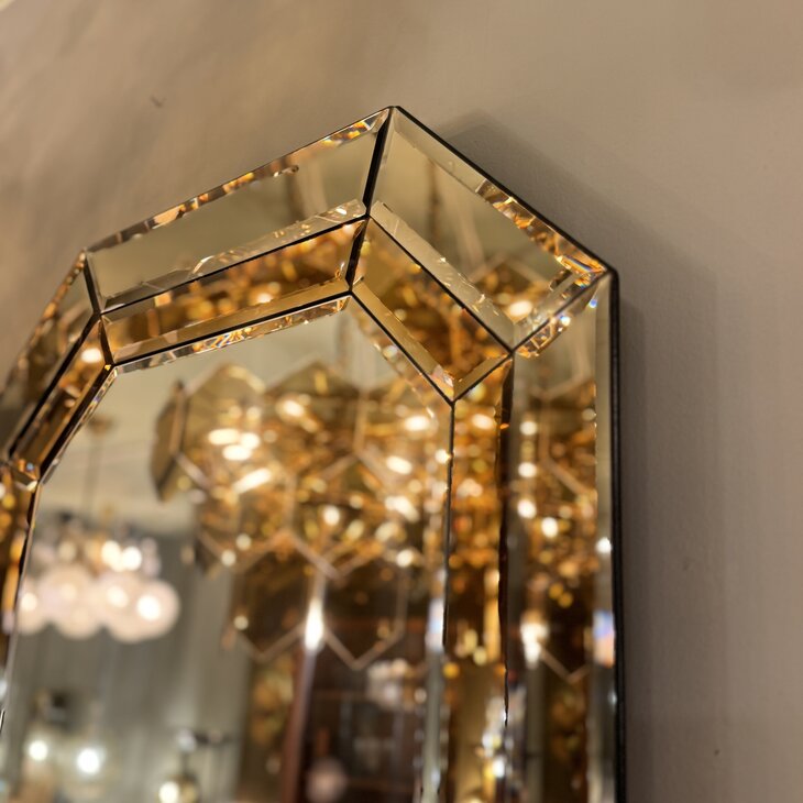 Vintage rechthoekige goudkleurige rookglazen spiegel facet geslepen octagon| Sprinkelhop