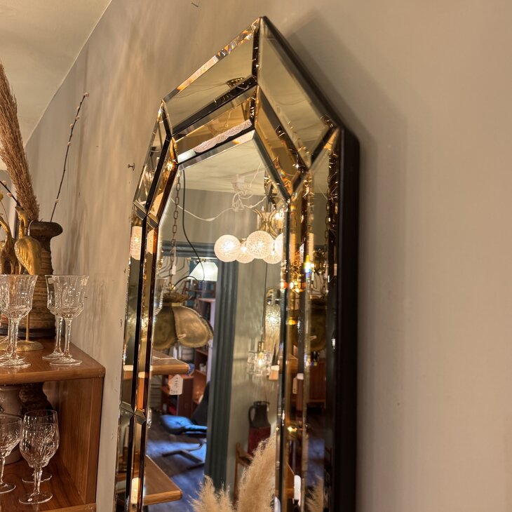 Vintage rechthoekige goudkleurige rookglazen spiegel facet geslepen octagon| Sprinkelhop