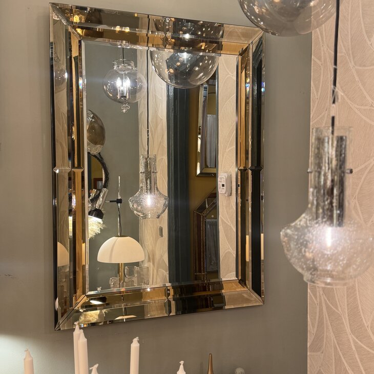 Vintage rechthoekige goudkleurige rookglazen spiegel facet geslepen medium| Sprinkelhop