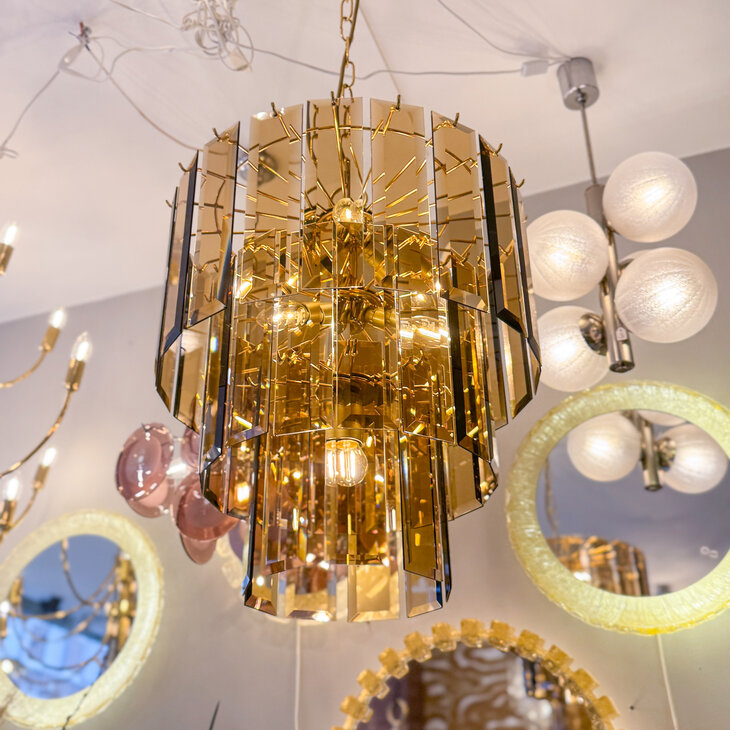 Vintage messing rookglazen platen hanglamp kroonluchter 3-laags | Sprinkelhop