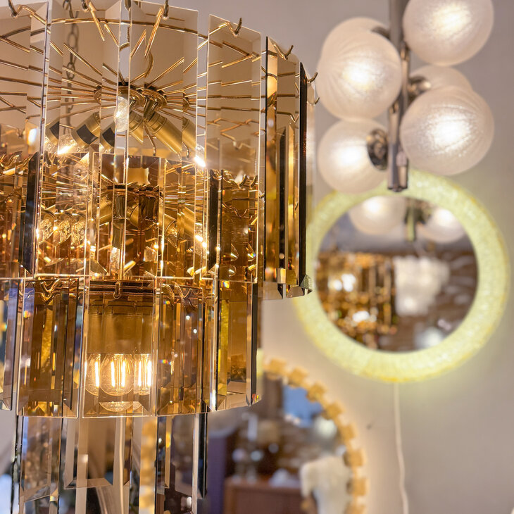 Vintage messing rookglazen platen hanglamp kroonluchter 3-laags | Sprinkelhop