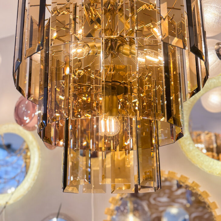 Vintage messing rookglazen platen hanglamp kroonluchter 3-laags | Sprinkelhop