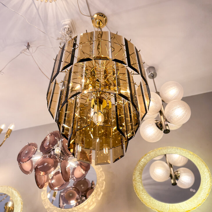 Vintage messing rookglazen platen hanglamp kroonluchter 3-laags | Sprinkelhop