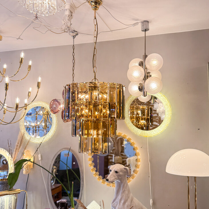 Vintage messing rookglazen platen hanglamp kroonluchter 3-laags | Sprinkelhop