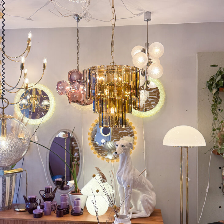 Vintage messing rookglazen platen hanglamp kroonluchter 3-laags | Sprinkelhop