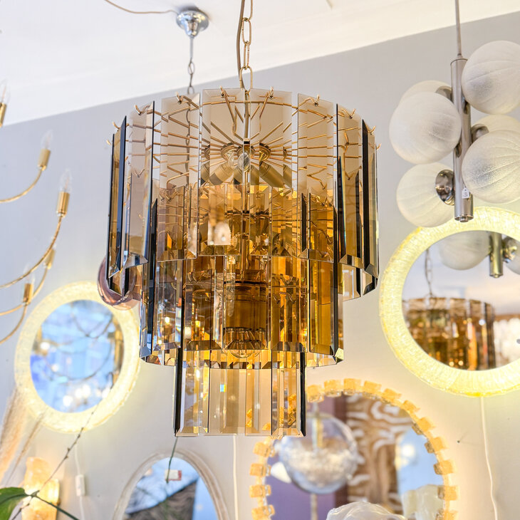 Vintage messing rookglazen platen hanglamp kroonluchter 3-laags | Sprinkelhop