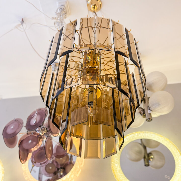 Vintage messing rookglazen platen hanglamp kroonluchter 3-laags | Sprinkelhop