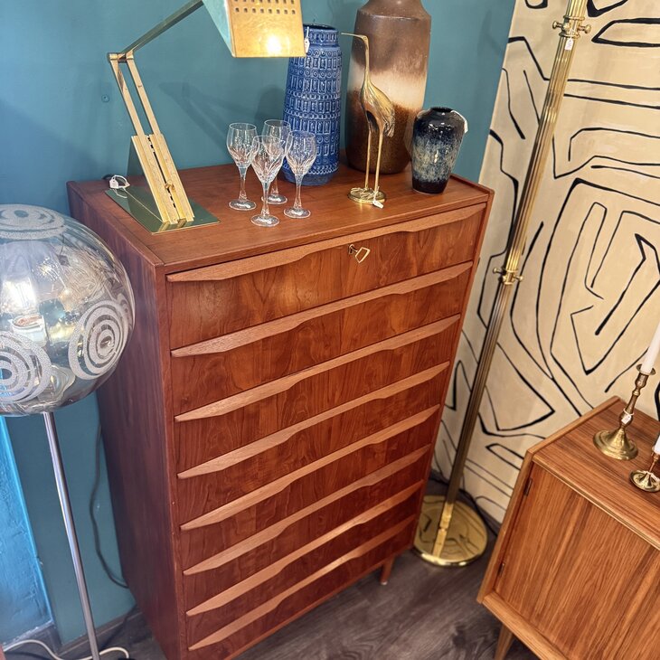 Vintage zeldzame midcentury teak Deense ladekast met 8 lades | Sprinkelhop