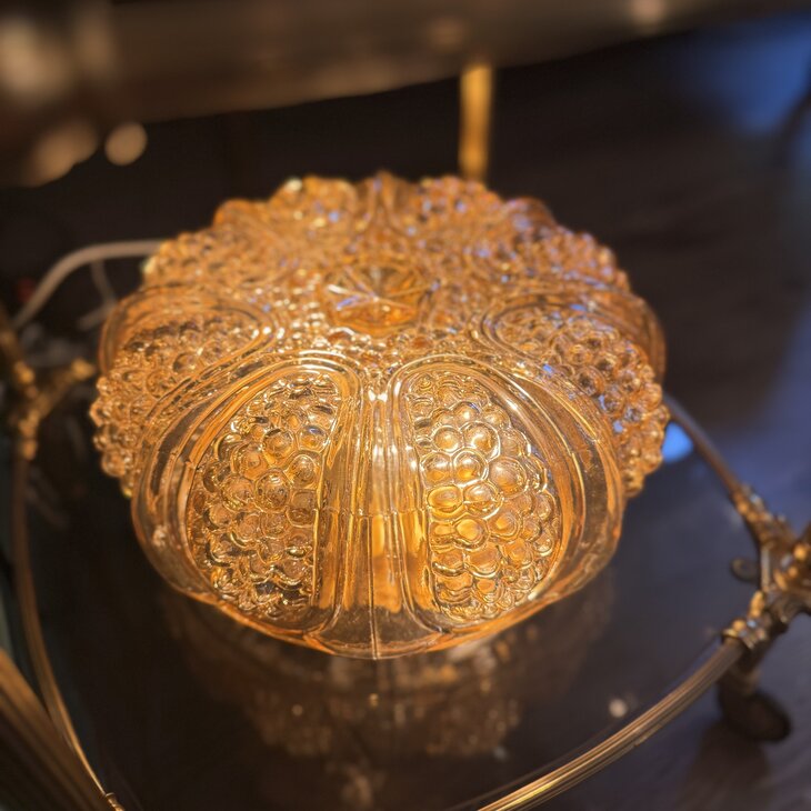 Vintage amber glazen plafondlamp ribbels en bubbles| Sprinkelhop