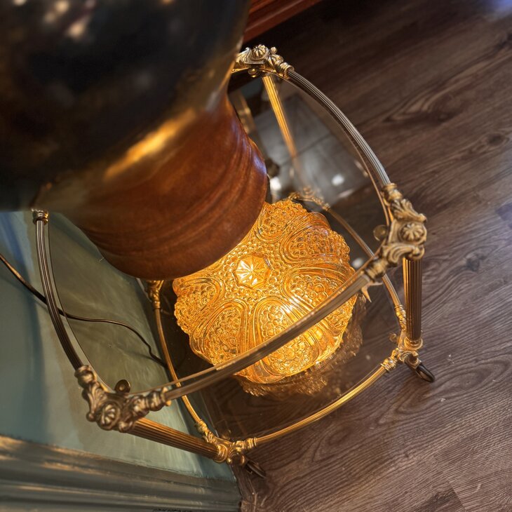 Vintage amber glazen plafondlamp ribbels en bubbles| Sprinkelhop