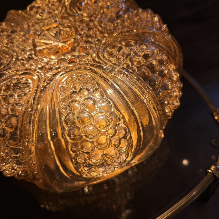 Vintage amber glazen plafondlamp ribbels en bubbles| Sprinkelhop