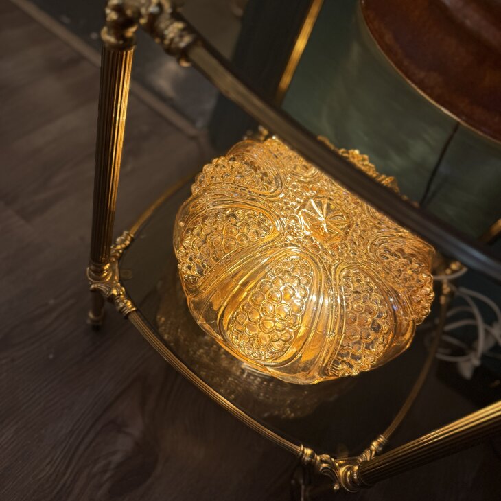 Vintage amber glazen plafondlamp ribbels en bubbles| Sprinkelhop