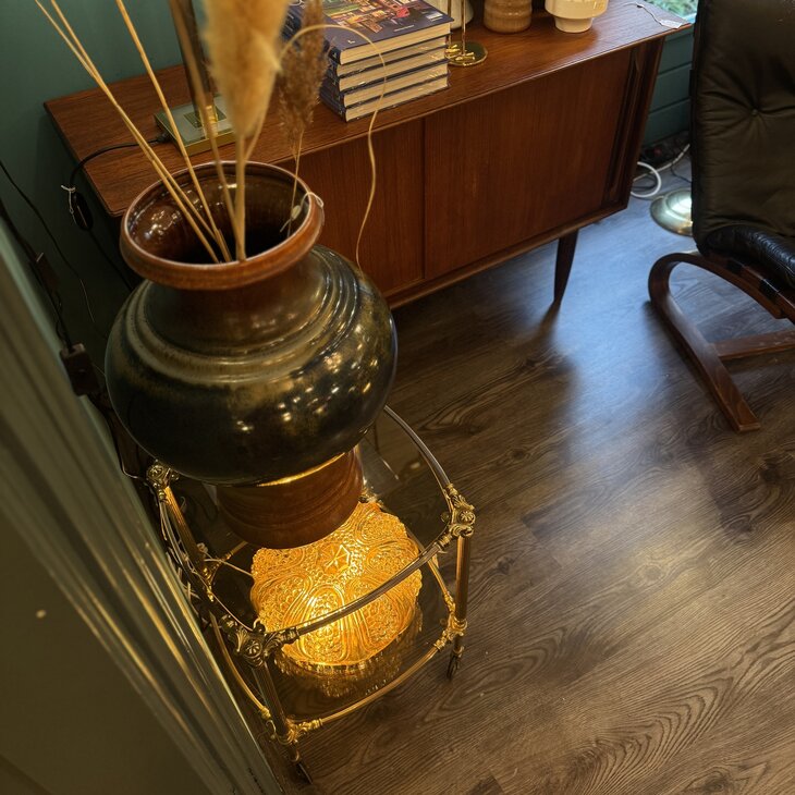 Vintage amber glazen plafondlamp ribbels en bubbles| Sprinkelhop