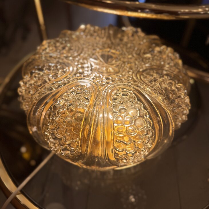 Vintage amber glazen plafondlamp ribbels en bubbles| Sprinkelhop