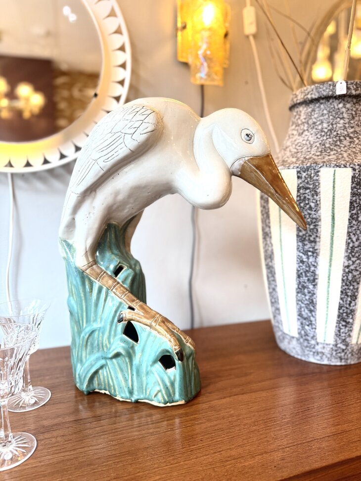 Vintage reiger beeld wit met groen keramiek | Sprinkelhop