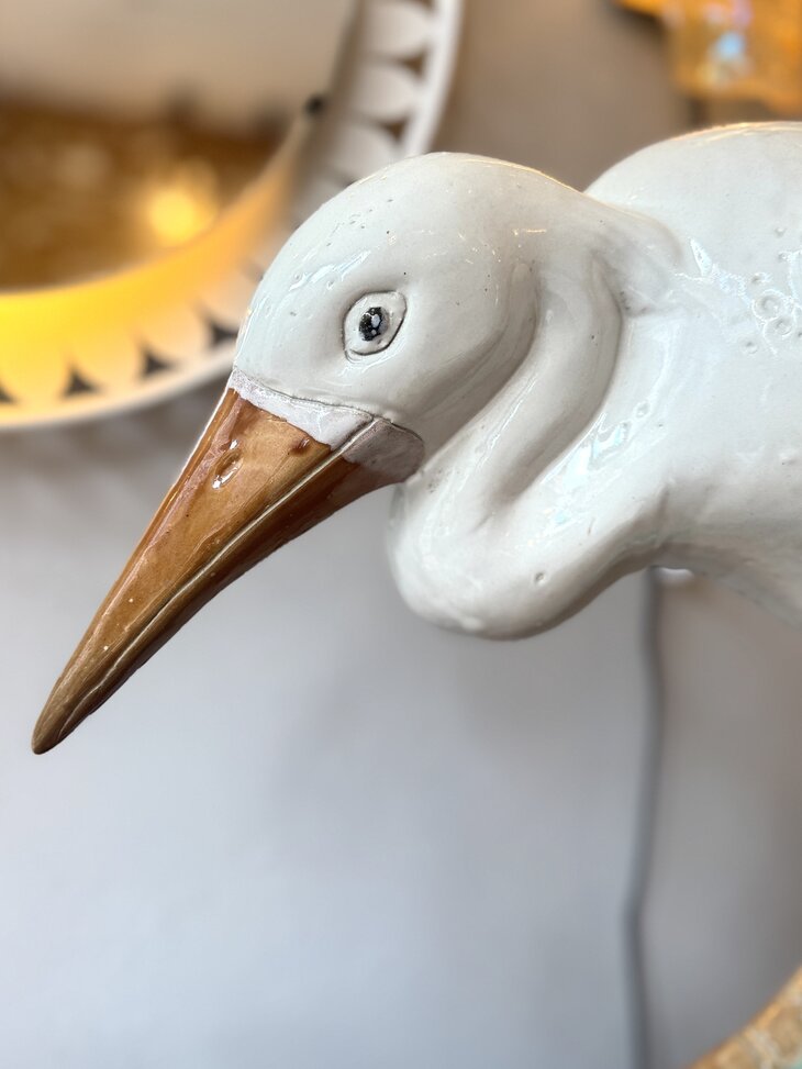 Vintage reiger beeld wit met groen keramiek | Sprinkelhop