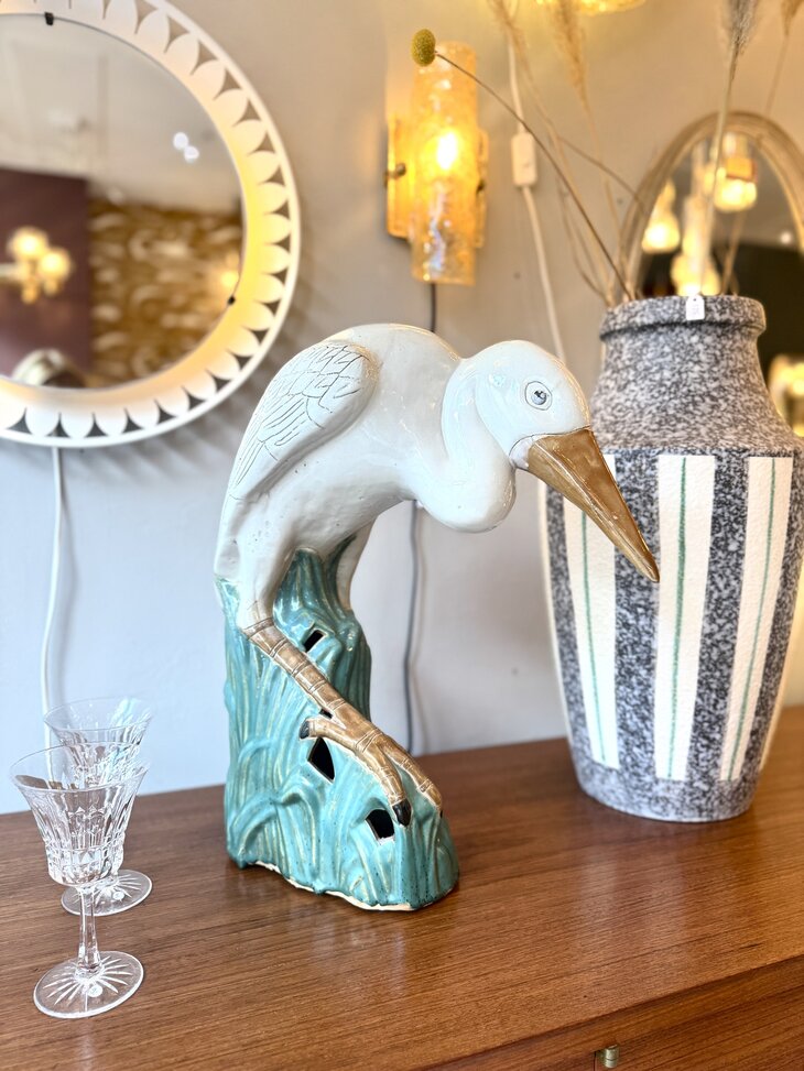 Vintage reiger beeld wit met groen keramiek | Sprinkelhop