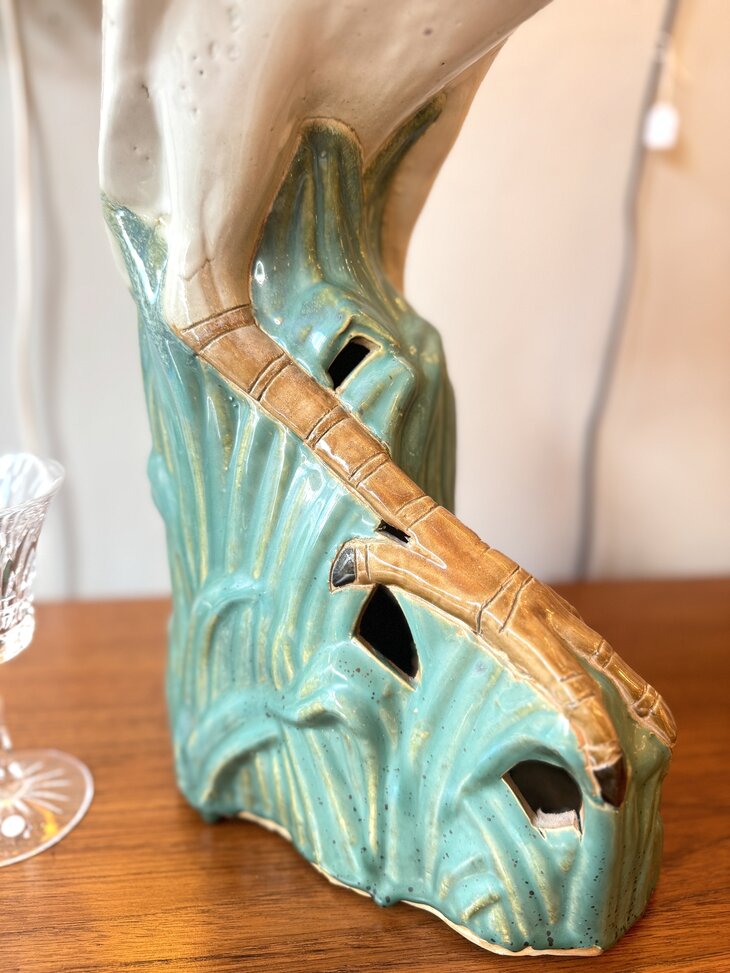 Vintage reiger beeld wit met groen keramiek | Sprinkelhop